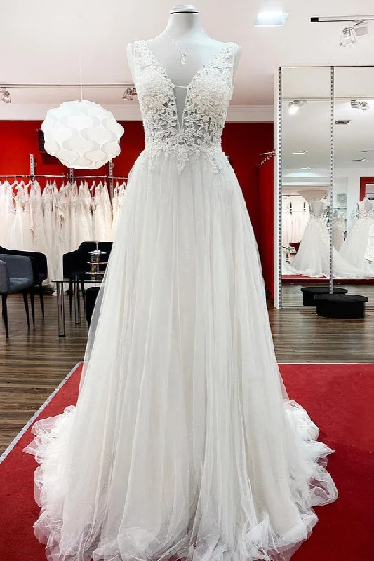 Modest Long A-Line V-Neck Tulle Ruffle Backless Wedding Dress with Lace Princess Wedding Dress