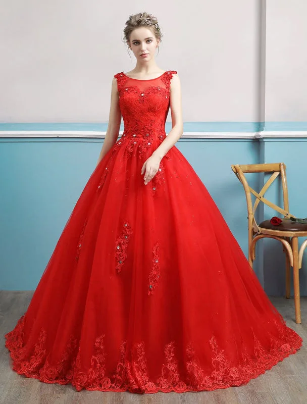 Red Wedding Dresses Lace Applique Beaded Princess Ball Gowns Train Bridal Dress Glamorous Wedding Dress