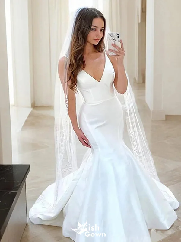 Romantic Mermaid Spaghetti Straps V Neck With Train Popular Bridal Long Wedding Dresses, WDH116 Formal Wedding Dress