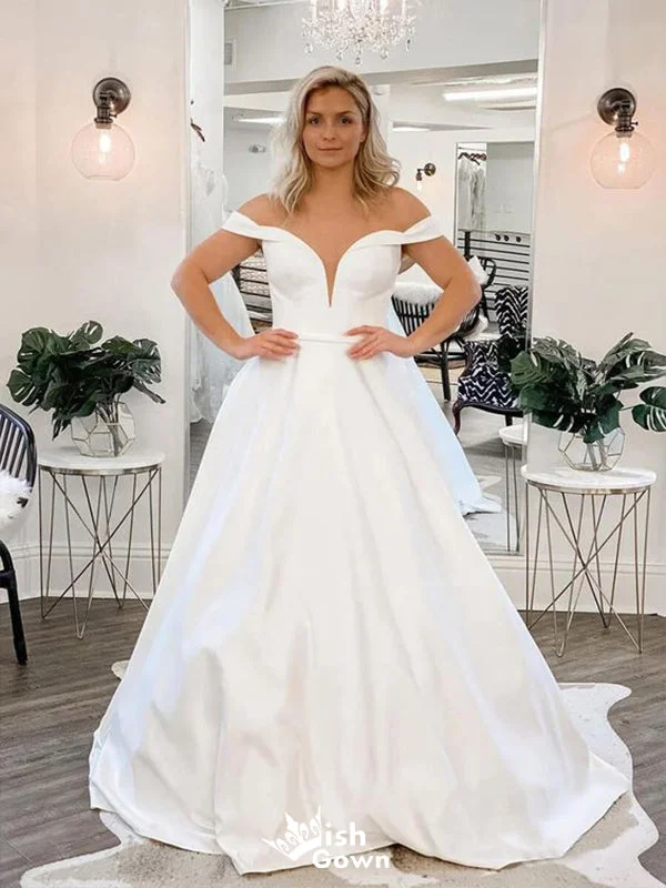 Simple Off Shoulder V Neck With Train Popular Bridal Long Wedding Dresses, WDH117 Open Back Dress