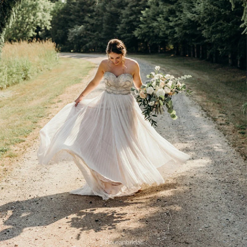 Sweetheart Beading Top Long Backless Chiffon Wedding Dresses, WD0434 Off-shoulder Bridal Gown