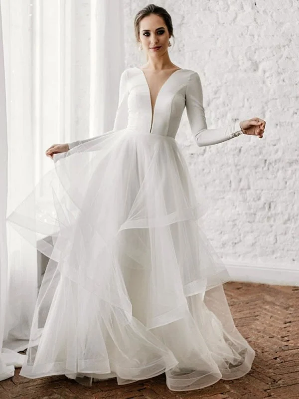 White A-Line Wedding Dresses Floor-Length Long Sleeves Tiered V-Neck Natural Waist Floor Length Bridal Gowns Timeless Wedding Dress