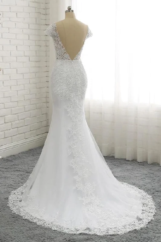 White Lace Appliques Wedding Dress With Short Sleeves, Long Tulle Bridal Dress With Lace N1569 Off-shoulder Bridal Gown