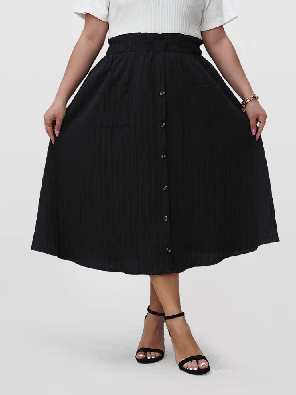 Solid Button Front Pocket Elastic Waist Skirt Cotton unclassified skirts