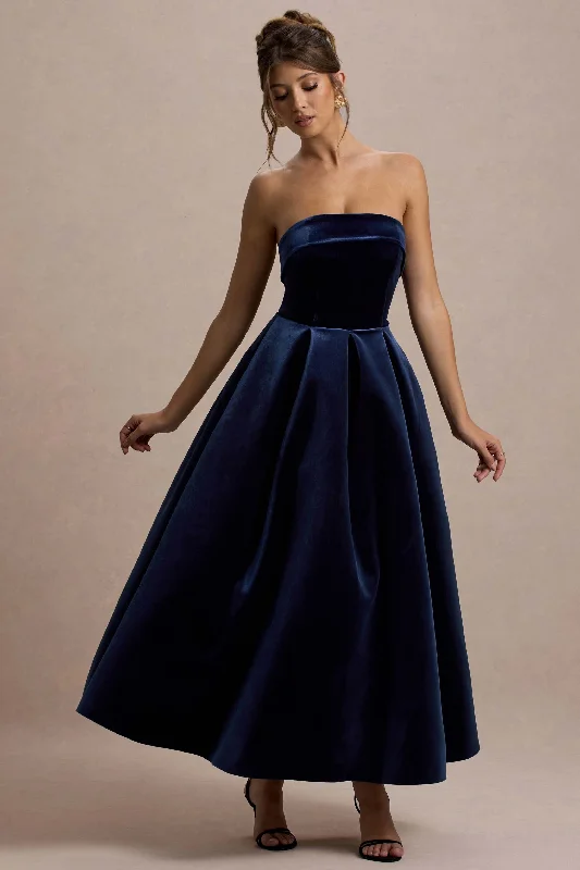 Addina | Navy Velvet Bandeau Skater Midi Dress Glamorous midi dresses