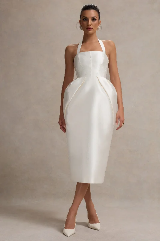 Cosetta | White Halter-Neck Midi Dress With Tulip Skirt Sexy midi dresses