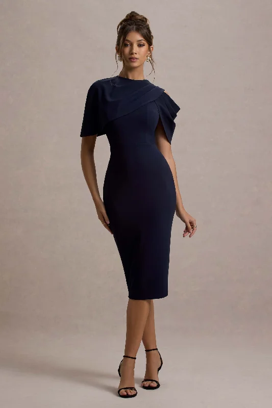 Dorothea | Navy Draped Midi Dress With Cape Edgy midi dresses