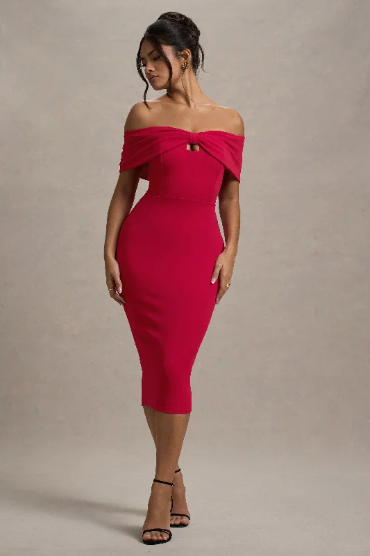 Hope | Red Bow Bardot Midi Dress Budget-friendly midi dresses