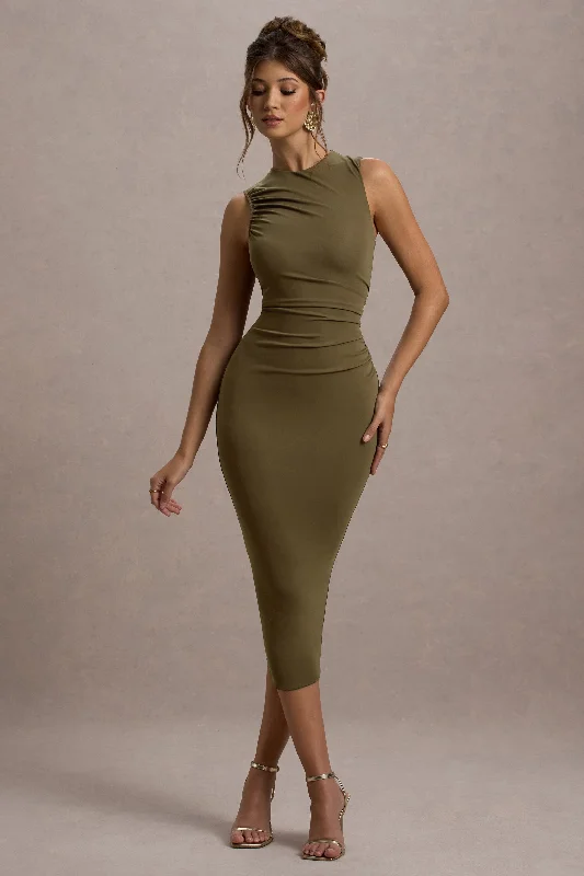 Jemma | Khaki Bodycon Ruched Midi Dress Vintage midi dresses