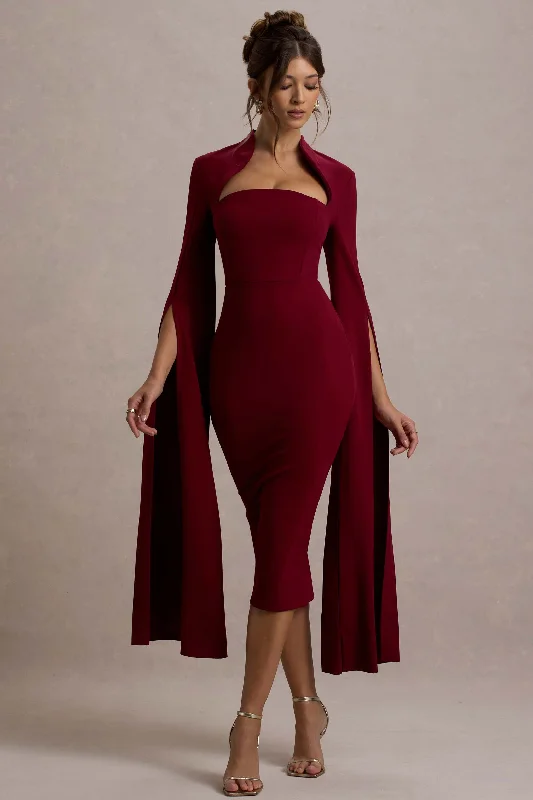 Linden | Berry Bodycon Cape-Sleeve Midi Dress Silk midi dresses