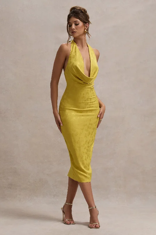 Maciza | Mustard Satin Jacquard Cowl-Neck Midi Dress Ruffled midi dresses