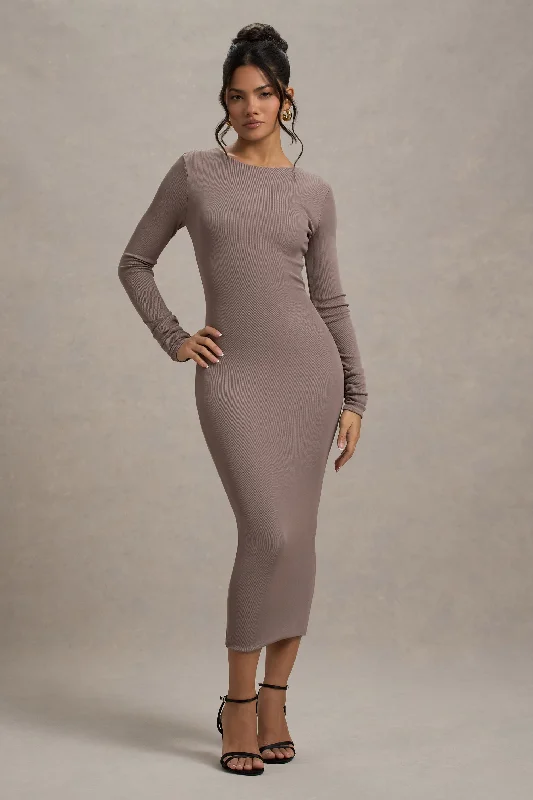 Madden | Taupe Rib Knit Cowl-Back Midi Dress Elegant midi dresses