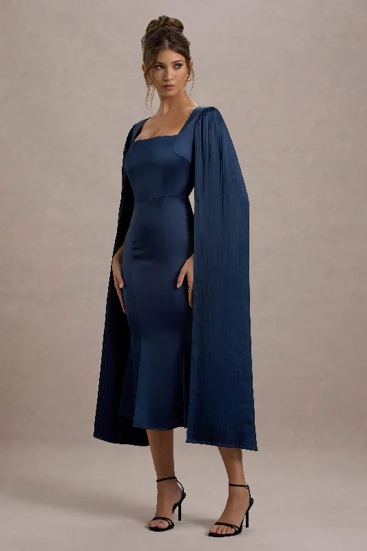 Nalda | Navy Square-Neck Midi Dress With Cape Sleeves Vacation midi dresses