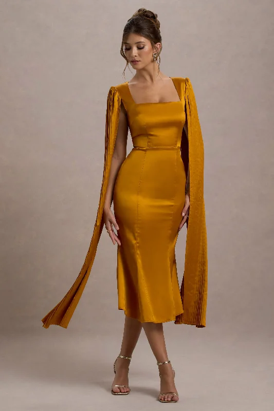 Nalda | Mustard Square-Neck Midi Dress With Cape Sleeves Y2K midi dresses