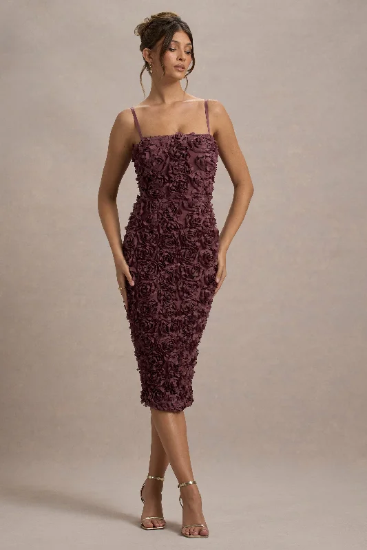 New Love | Dark Mauve Strappy Midi Dress With Mesh Flowers Prom midi dresses