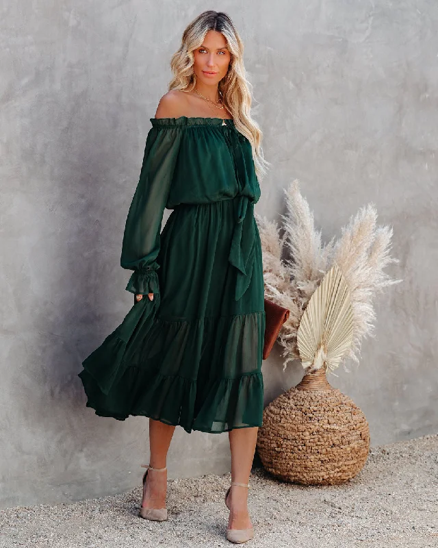 Peacekeeper Off The Shoulder Midi Dress - Hunter Green Wedding guest midi dresses