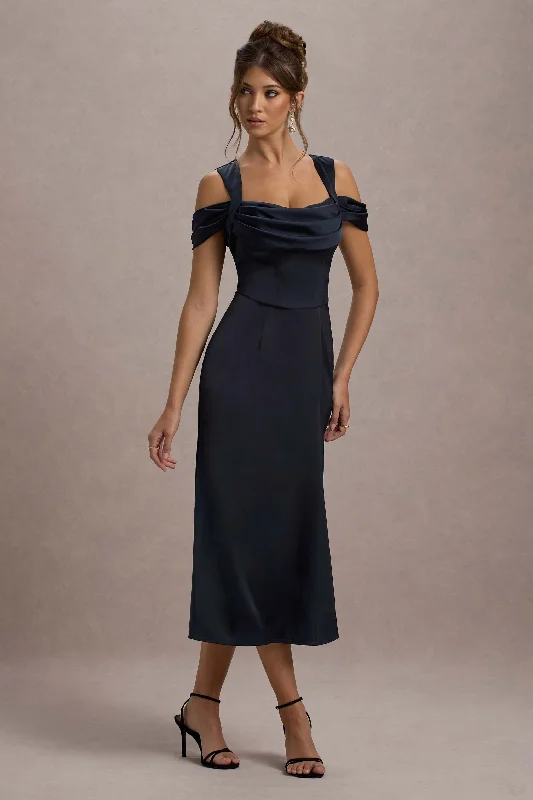 Sawyer | Navy Satin Draped Midi Dress Office midi dresses