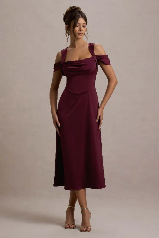 Sawyer | Wine Satin Draped Midi Dress Best midi dresses for tall women