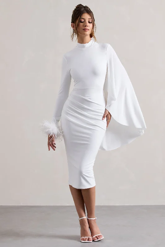 Tamika | White High-Neck Cape-Sleeve Midi Dress With Feathers Chiffon midi dresses