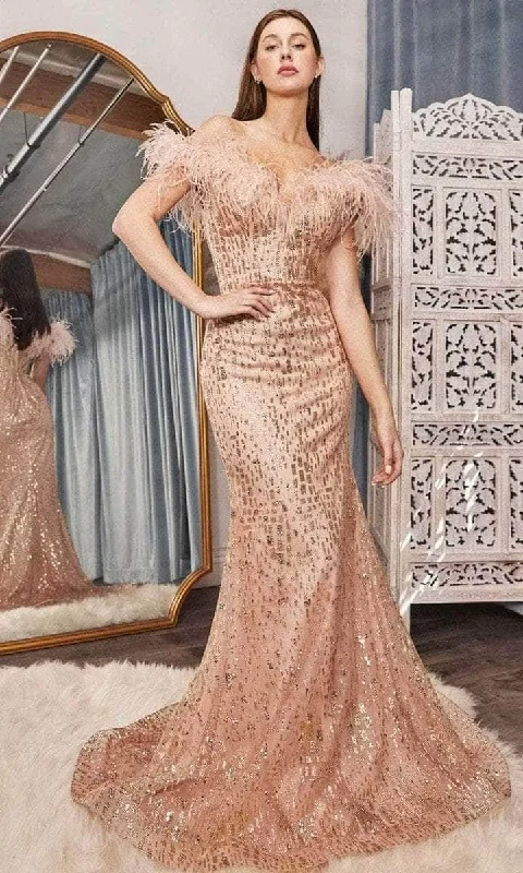 Ladivine - Feathered Off Shoulder Evening Dress CB082 - 1 pc Rose Gold In Size 10 Available Sexy little black party dresses