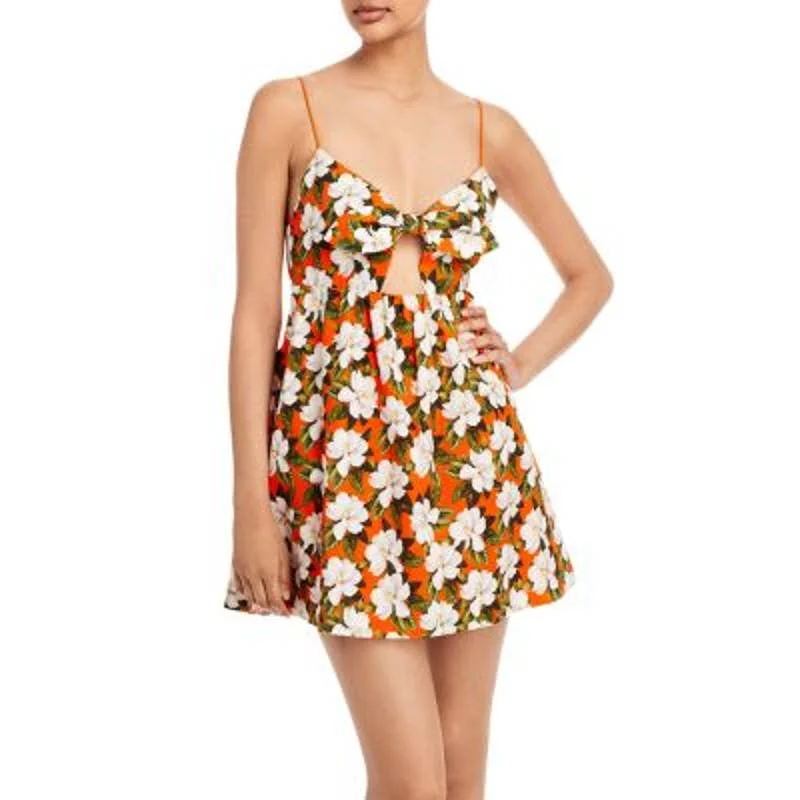 Alice + Olivia Ladies Basic Melvina Tie Front Babydoll Dress, Orange Floral Smocked floral dresses