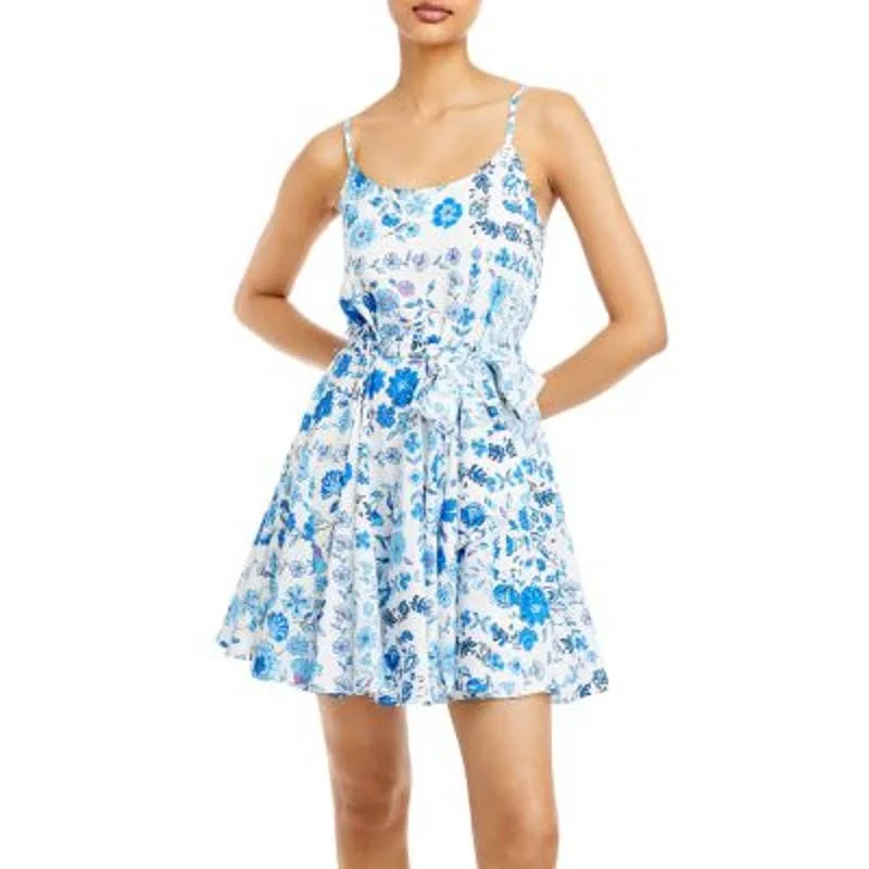 AQUA Ladies White & Blue Floral Print Waist Tie Dress Cheap floral dresses