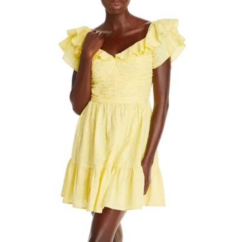 AQUA Ladies Yellow & White Floral Eyelet Print Off-the-Shoulder Dress Expensive floral dresses