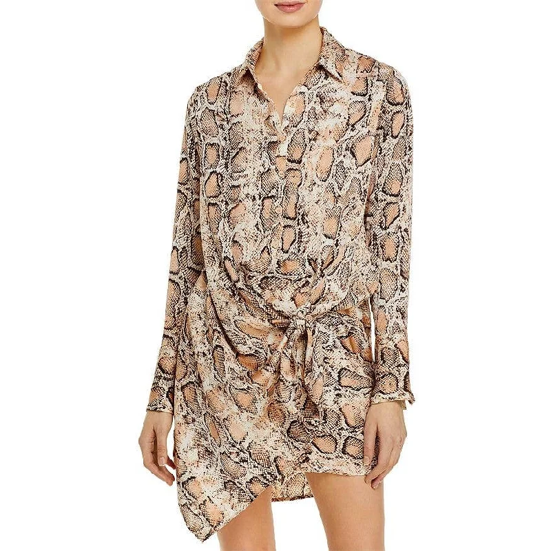 AQUA Women's Cream & Brown Snakeskin Print Long Sleeve Tie Waist Dress Forever 21 floral dresses