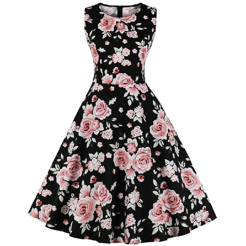 Black Floral Women Summer Tunic Dress 50S 60S Clothing Audrey Hepburn Robe Retro Swing Casual Vintage Rockabilly Dresses Vestido Birthday floral dresses