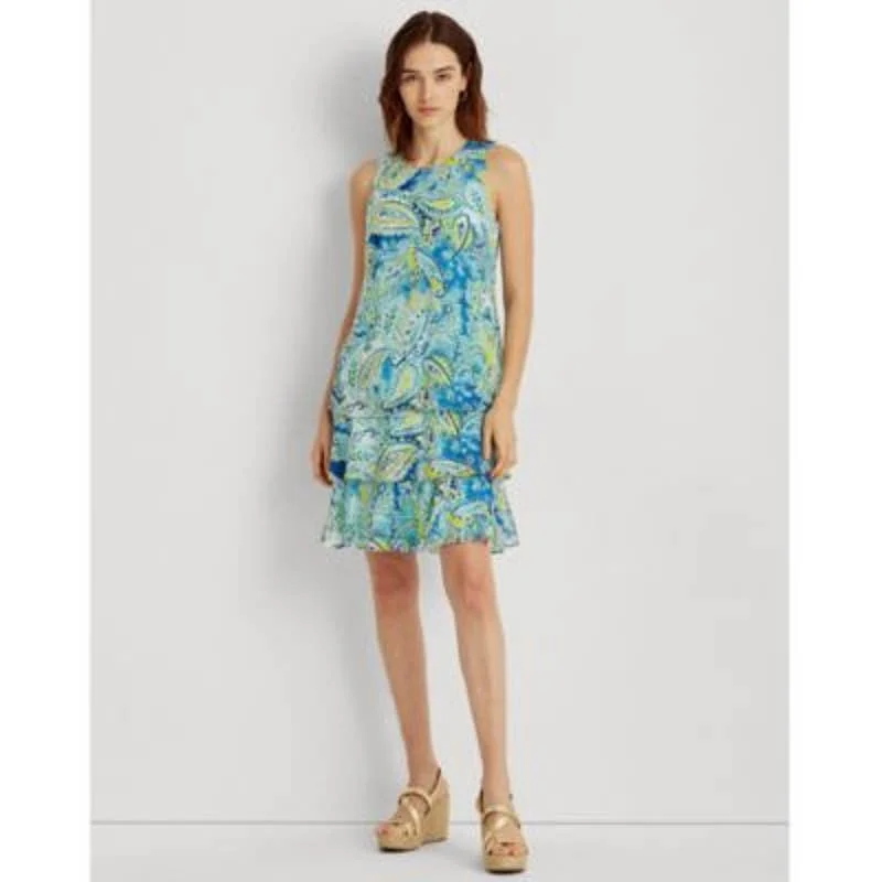 Lauren Ralph Lauren Ladies Blue & Yellow Paisley Print Georgette Shift Dress Summer floral dresses