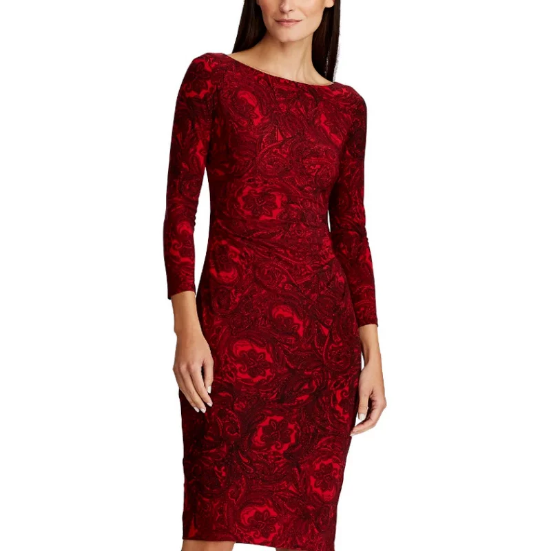 LAUREN RALPH LAUREN LADIES VICTORINA ABSTRACT PRINT JERSEY DRESS, RED Midi floral dresses