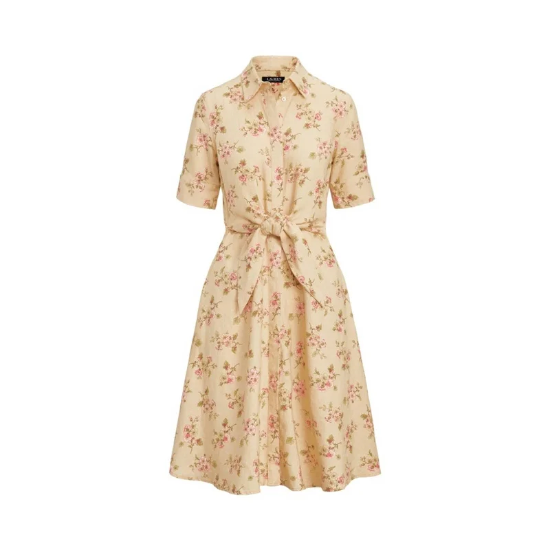 Lauren Ralph Lauren Tan Linen Floral Patterned Shirt Dress, Tie Front Best floral dresses for work