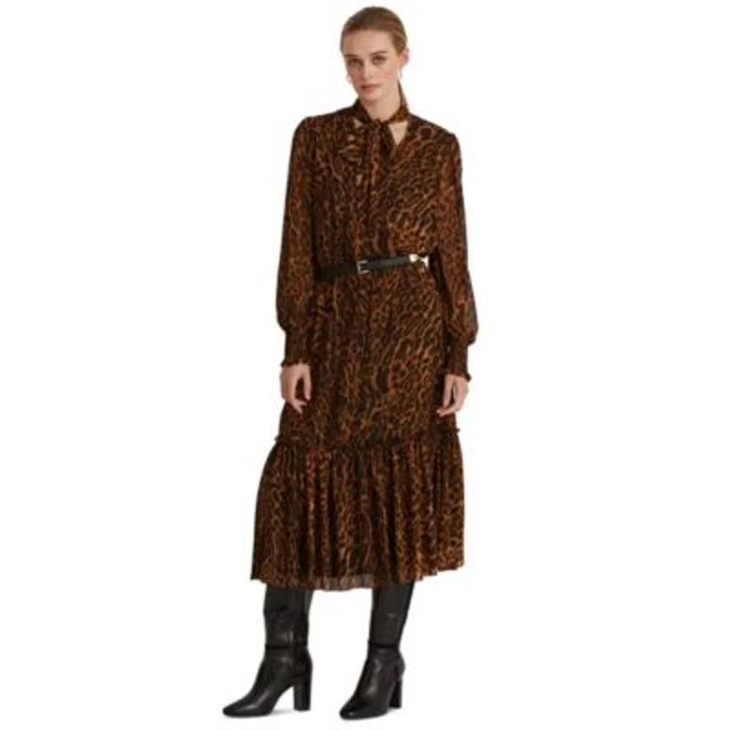 Lauren Ralph Lauren Women's Black & Brown Ocelot Print Smock Dress, Long Sleeve Anniversary floral dresses