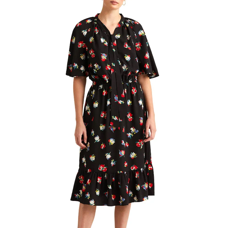 Lauren Ralph Lauren Women's Black & Red Floral Print Crepe Tie Neck Dress Floral dresses under $100