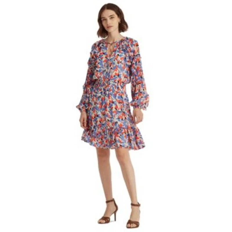 Lauren Ralph Lauren Women's Blue & Orange Crinkled Floral Dress Expensive floral dresses