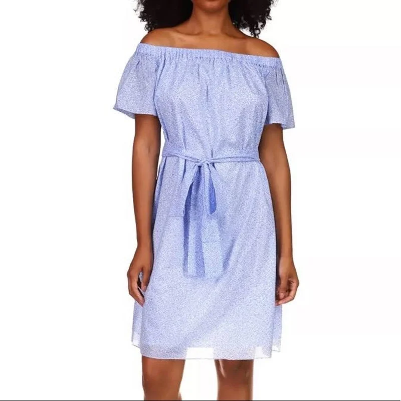 Michael Kors Crew Blue & White Floral Print Dress, Off-the-Shoulder Long floral dresses