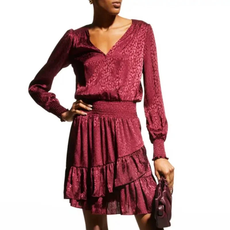 Michael Kors Dark Ruby Red Leopard Print Embossed Ruffle Dress Satin floral dresses