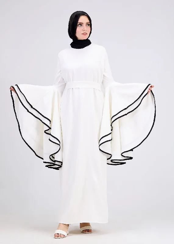 Wurood Elegant White Flared Sleeve Modest Dress with Black Trim Chiffon unclassified dresses