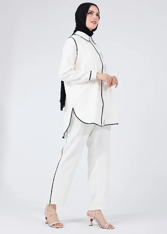 Majida Elegant Black-Piped White Modest Tunic with Matching Trousers Velvet unclassified dresses