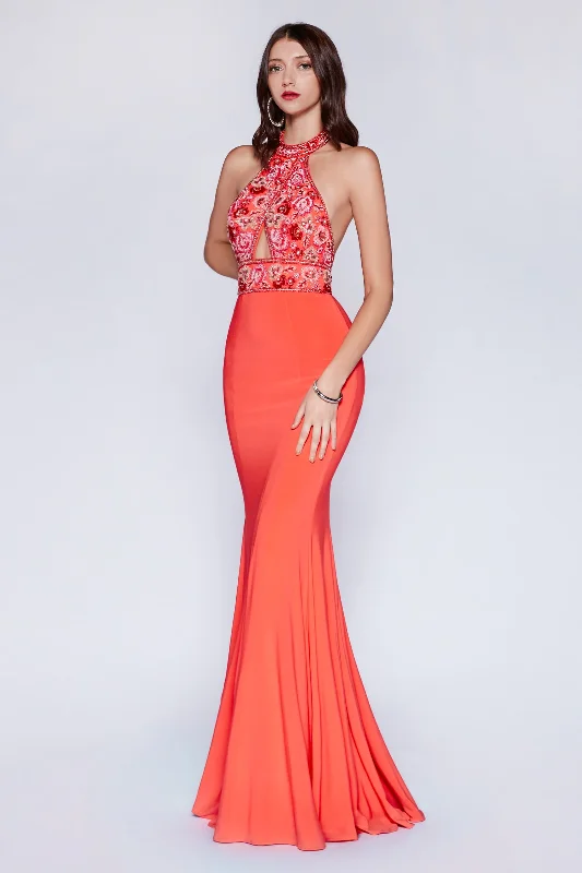 Fitted Jersey Gown With Beaded Halter Neckline And Open Back by Cinderella Divine -CR770 Lounge unclassified dresses