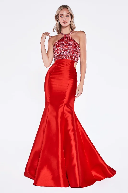 Fitted Mermaid Mikado Gown With Beaded Halter Neckline And Waist Cut Out by Cinderella Divine -61894 Flowy unclassified dresses