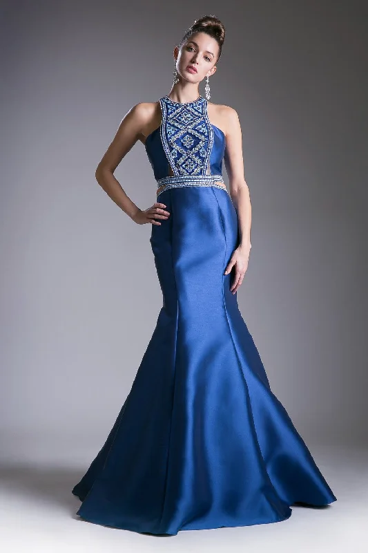 Halter Mermaid Mikado Gown With Waist Cut Outs And Geometric Beaded Details by Cinderella Divine -83789 Open-back unclassified dresses