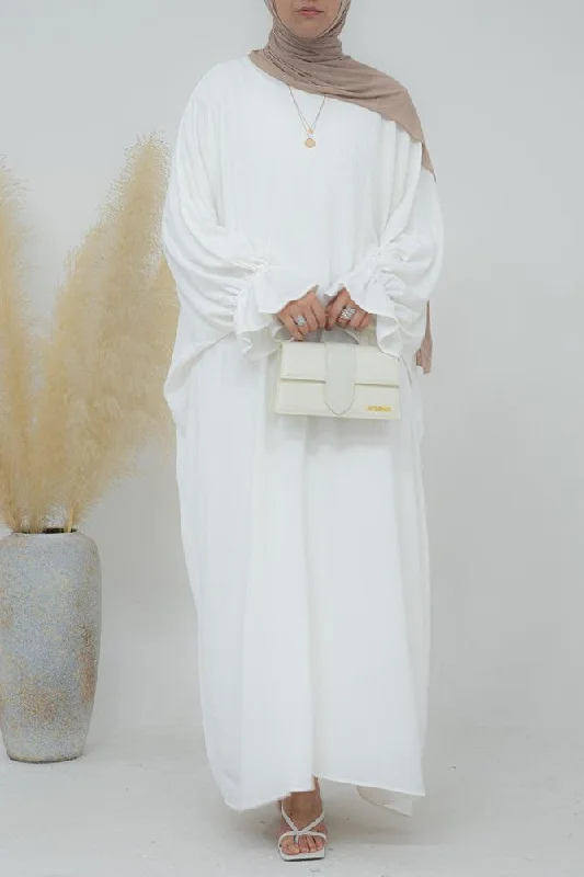 Radwa batwing abaya with ruched sleeve and loose cut in  white Embroidered unclassified dresses