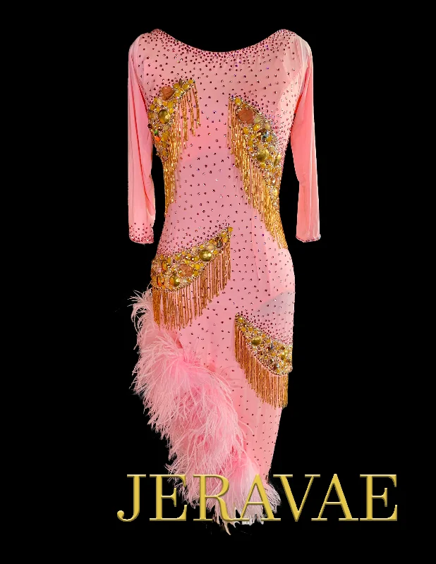 Resale Artistry in Motion Pink Carnation Latin Dress with Gold Spike Cutouts, Asymmetrical Pink Boa Hem, and Gold Bugle Beads Sz S Lat125 Off-shoulder unclassified dresses