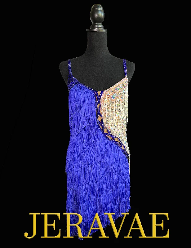 Resale Artistry in Motion Sleeveless Latin Dress with Cobalt Rows of Fringe and Tan Side with Broken Glass Effect Sz M Lat402 Embroidered unclassified dresses