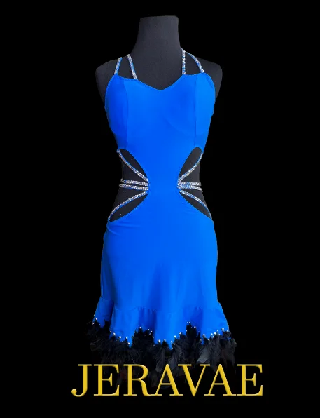 Royal Blue Sleeveless Latin Dress with Side Cutouts, Black Feather Hem, and Beautiful Stoned Straps on Sides and Back Sz S Lat195 Soft fabric unclassified dresses