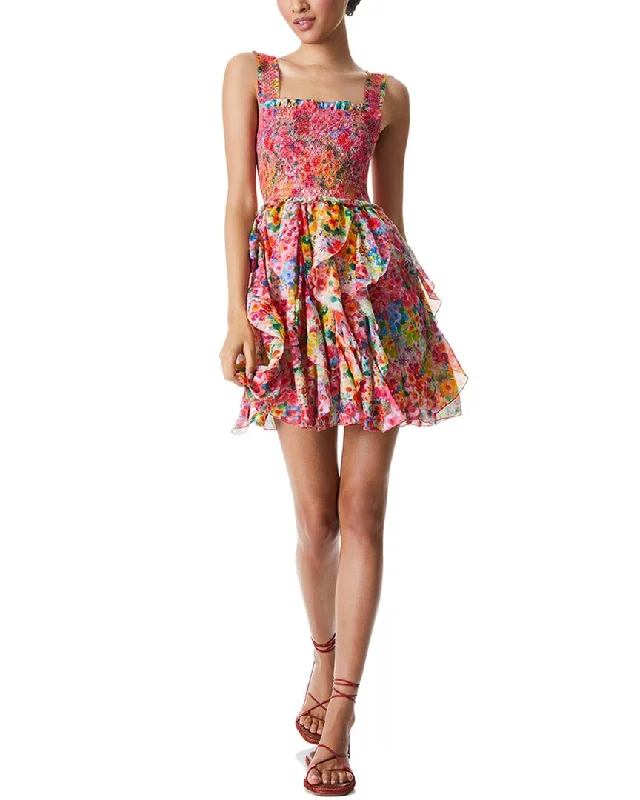 alice + olivia Jocelyn Silk-Blend Mini Dress Ripped Mini Denim Skirt