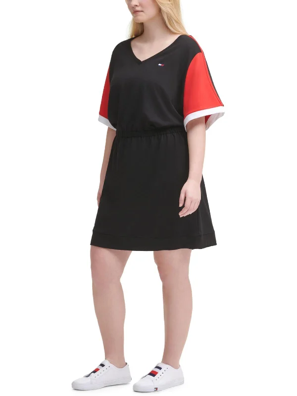 Plus Womens Colorblock Short T-Shirt Dress Skirt with Buttons