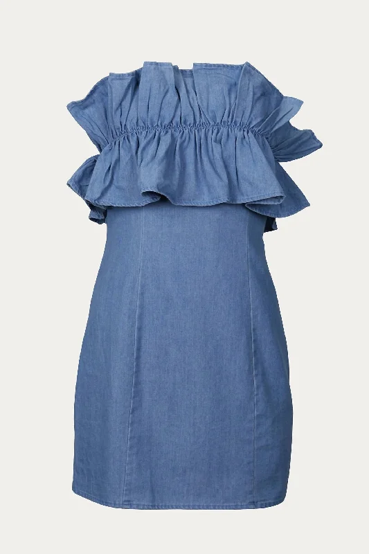 Strapless Ruffled Denim Mini Dress In Blue Button-front Mini Skirt