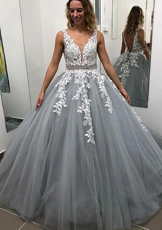 Ball Gown Sleeveless Long/Floor-Length Tulle Corset Prom Dress With Lace Appliqued Beading outfit Front Pocket Maxi